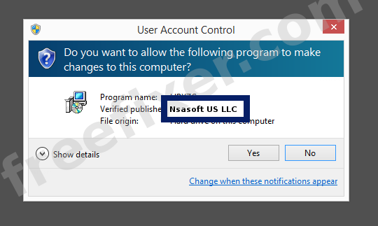 Screenshot where Nsasoft US LLC appears as the verified publisher in the UAC dialog